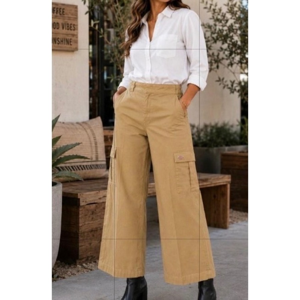 Dickies Womens Wide Leg Cargo Pants Khaki Tan Twill High Waisted FPR03S2K NEW